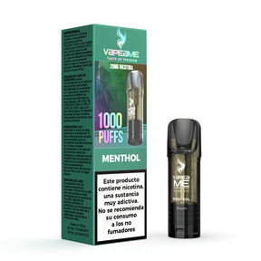 Capsula Vapeame To Revive Menthol x1, vaporizzatore ricaricabile con e-liquid rinfrescante al gusto di mentolo, capacità di 2 ml, 20 mg/ml di nicotina e fino a 1000 boccate, presentato insieme alla sua scatola originale con le informazioni sul prodotto.