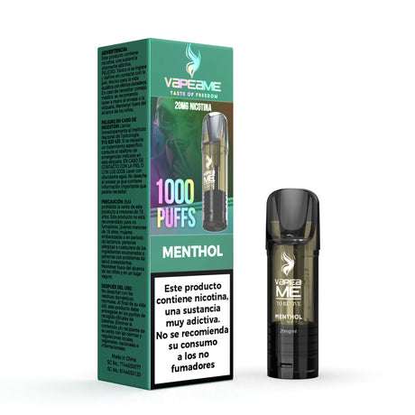 Cápsula Vapeame To Revive Menthol x1, pod recargable para vape con e-liquid sabor mentol refrescante, capacidad de 2 ml, 20 mg/ml de nicotina y hasta 1000 puffs, presentada junto a su caja original con información del producto.