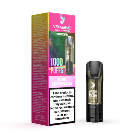 Capsula Vapeame To Revive Pink Lemonade x1, vape pod ricaricabile al gusto di limonata rosa e-liquid con note agrumate e dolci, capacità di 2 ml, 20 mg/ml di nicotina e fino a 1000 boccate, presentato insieme alla sua scatola originale con informazioni sul prodotto.