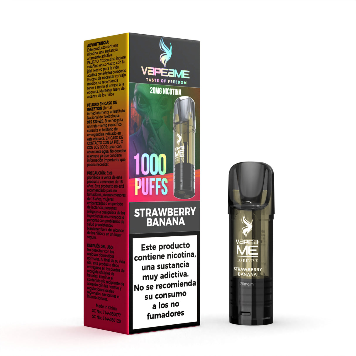 Cápsula Vapeame To Revive Strawberry Banana x1, pod recargable para vape con e-liquid sabor fresa y plátano con mezcla dulce y afrutada, capacidad de 2 ml, 20 mg/ml de nicotina y hasta 1000 puffs, presentada junto a su caja original.