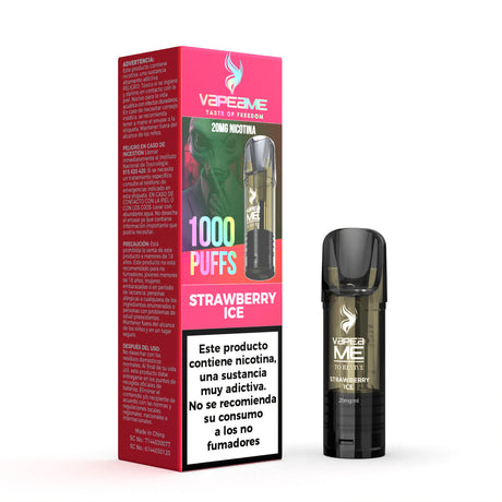 Capsula Vapeame To Revive Strawberry Ice x1, vape pod ricaricabile con e-liquid al gusto di fragola con un tocco rinfrescante di mentolo, capacità di 2 ml, 20 mg/ml di nicotina e fino a 1000 boccate, presentato insieme alla sua scatola originale.