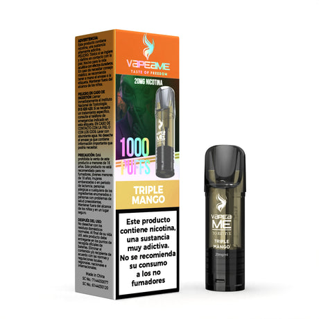 Cápsula Vapeame To Revive Triple Mango x1, pod recargable para vape con e-liquid sabor mango tropical intenso, capacidad de 2 ml, 20 mg/ml de nicotina y hasta 1000 puffs, presentada junto a su caja original con información del producto.