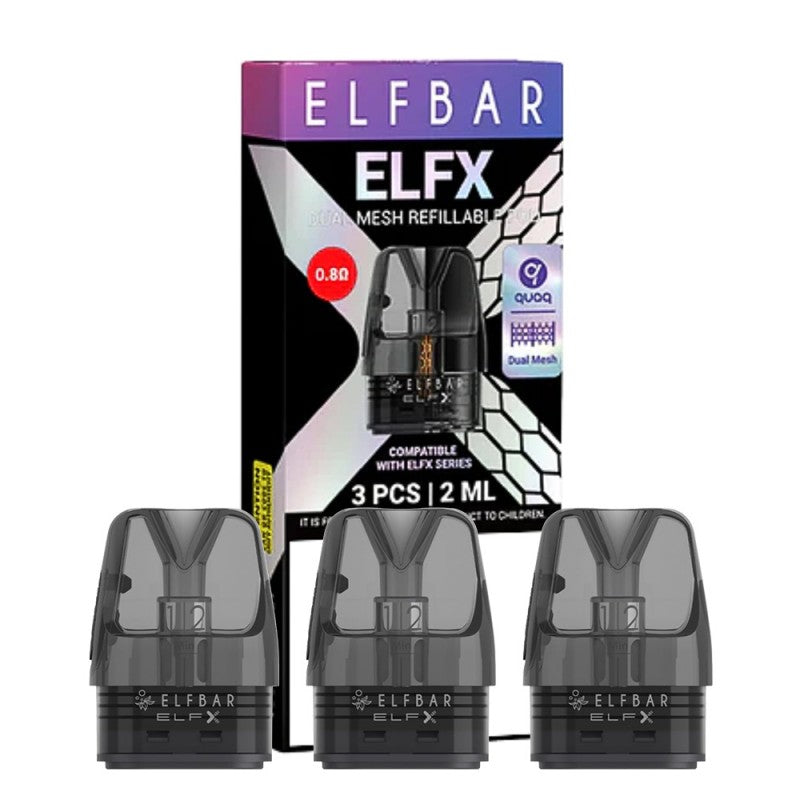 Cartucho ELFBAR ELFX (pack de 3 unidades), con diseño transparente y boquilla integrada, sistema mesh recargable de 2 ml y resistencia de 0.8 ohm para un vapeo equilibrado de sabor y vapor.