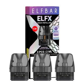 Cartucho ELFBAR ELFX (pack de 3 unidades), con diseño transparente y boquilla integrada, sistema mesh recargable de 2 ml y resistencia de 0.8 ohm para un vapeo equilibrado de sabor y vapor.