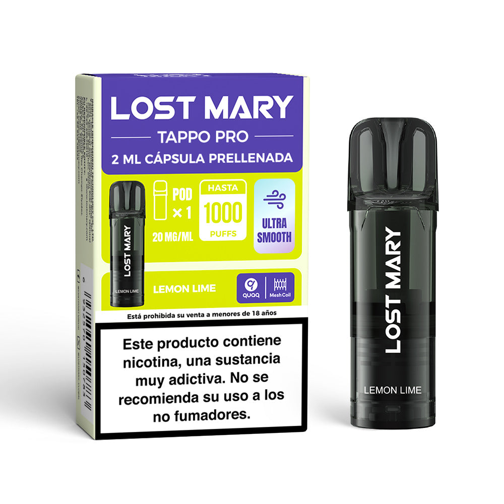 Cartucho Lost Mary Tappo Lemon Lime: cápsula precargada compatible con dispositivos Lost Mary Tappo / Tappo Air / Tappo Pro, con sabor mezcla cítrica de limón y lima, ofreciendo una experiencia fresca, ligera y revitalizante.