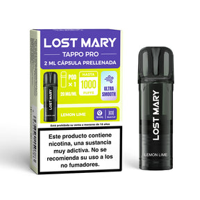Cartucho Lost Mary Tappo Lemon Lime: cápsula precargada compatible con dispositivos Lost Mary Tappo / Tappo Air / Tappo Pro, con sabor mezcla cítrica de limón y lima, ofreciendo una experiencia fresca, ligera y revitalizante.