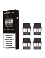 Pack de 4 cartuchos recargables Vaporesso Xros 1.0 ohm con depósito transparente y boquilla negra, presentados junto a su caja original Vaporesso Xros Series.