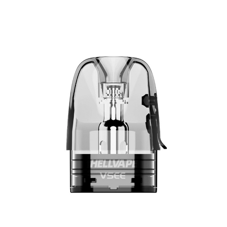 Cartucho Vsee de Hellvape, con diseño transparente que permite ver el interior, boquilla integrada y base negra compatible con dispositivos tipo pod.