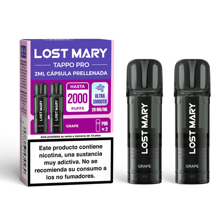 Cartuccia x2 Lost Mary Tappo Grape – capsule preriempite progettate per dispositivi Lost Mary Tappo / Tappo Air / Tappo Pro, dal sapore di uva dolce e succoso, offre un'esperienza fruttata intensa e morbida.