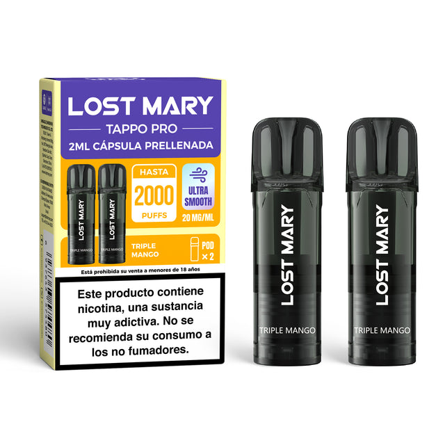 Cartuccia x2 Lost Mary Tappo Triple Mango: capsule preriempite compatibili con il dispositivo Lost Mary Tappo / Tappo Pro / Tappo Air, con un'intensa miscela di tre varietà di mango, offre un'esperienza tropicale dolce, succosa e molto aromatica.