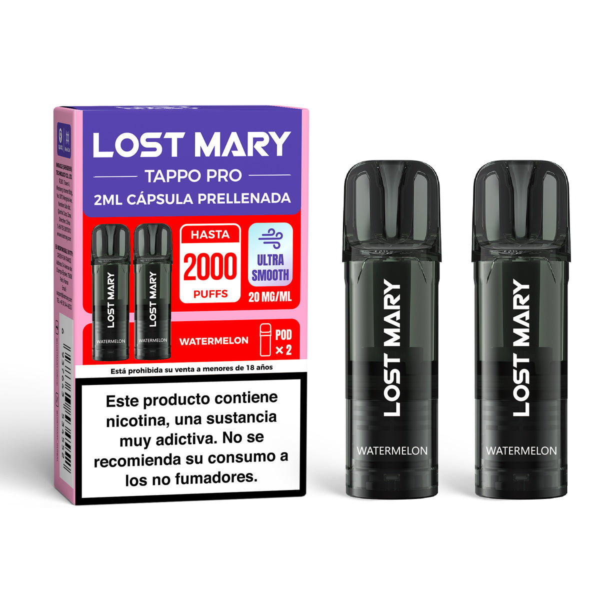 Cartucho x2 Lost Mary Tappo Watermelon: cápsulas precargadas compatibles con dispositivos Lost Mary Tappo / Tappo Air / Tappo Pro, con sabor sandía dulce y jugosa, ofreciendo una experiencia ligera y refrescante.