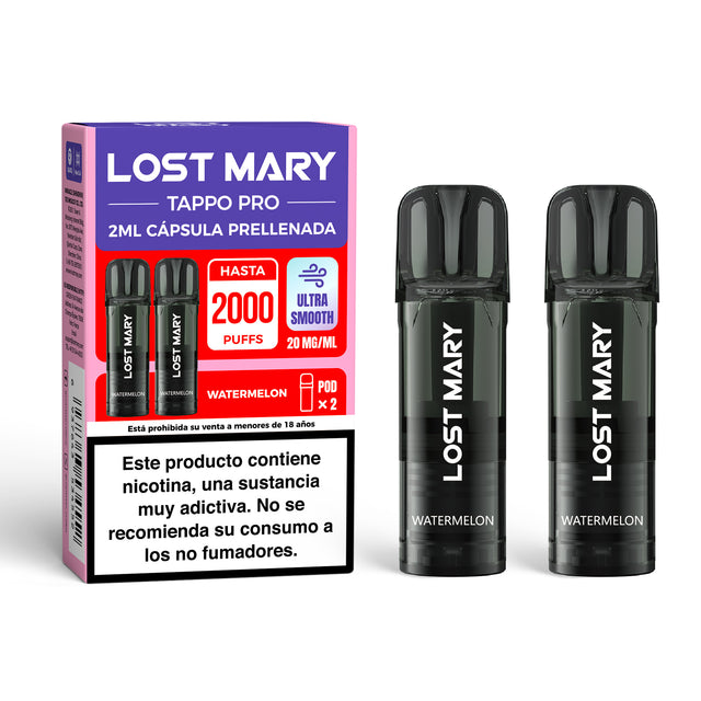 Cartucho x2 Lost Mary Tappo Watermelon: cápsulas precargadas compatibles con dispositivos Lost Mary Tappo / Tappo Air / Tappo Pro, con sabor sandía dulce y jugosa, ofreciendo una experiencia ligera y refrescante.