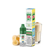 Liquido Donut King Sali Banana Shake 10 ml con bottiglia e scatola originale, accompagnati da banana e frullato cremoso che ne rappresentano il sapore.