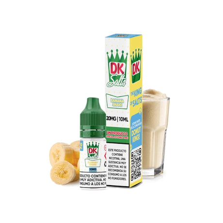 Líquido Donut King Salts Banana Shake 10 ml con botella y caja original, acompañado de plátano y batido cremoso que representan su sabor.