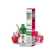 Liquido Donut King Sali Cherry Ice 10 ml con bottiglia e scatola originali, accompagnati da ciliegie e cubetti di ghiaccio che ne rappresentano il sapore.
