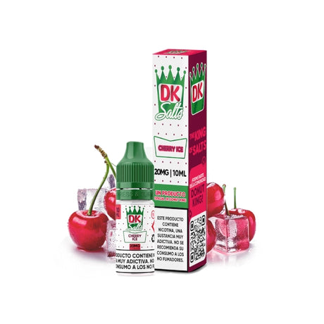 Líquido Donut King Salts Cherry Ice 10 ml con botella y caja original, acompañado de cerezas y cubitos de hielo que representan su sabor.