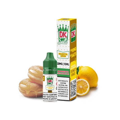 Líquido Donut King Salts Delightful Lemon 10 ml con botella y caja original, acompañado de limones que representan su sabor.