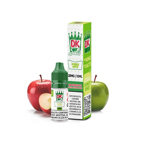 Líquido Donut King Salts Double Apple 10 ml con botella y caja original, acompañado de manzanas rojas y verdes que representan su sabor.