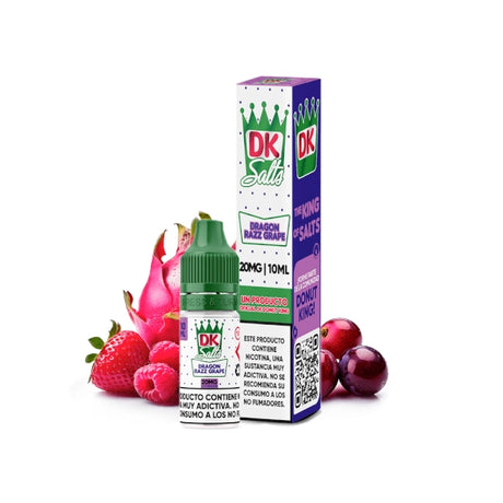 Líquido Donut King Salts Dragon Razz 10 ml con botella y caja original, acompañado de fruta del dragón y frambuesa que representan su sabor.