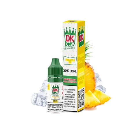 Líquido Donut King Salts Pineapple Ice 10 ml con botella y caja original, acompañado de piña y cubitos de hielo que representan su sabor.