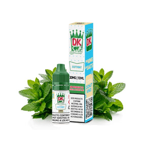 Liquido Donut King Sali Softmint 10 ml con bottiglia e scatola originale, accompagnati da foglie di menta che ne rappresentano il sapore.