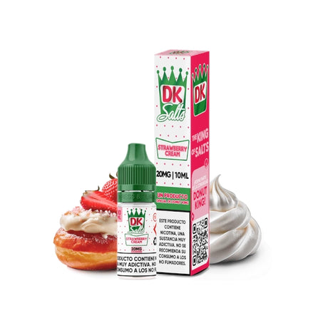 Líquido Donut King Salts Strawberry Cream 10 ml con botella y caja original, acompañado de fresas y crema que representan su sabor.