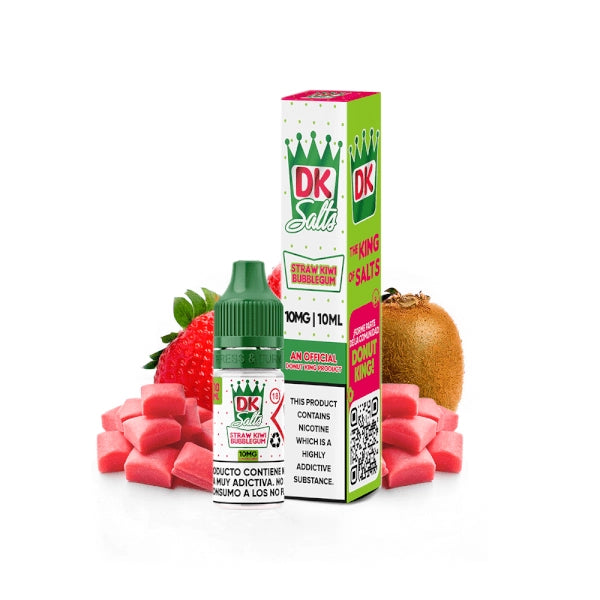 Líquido Donut King Salts Strawberry Kiwi Bubblegum 10 ml con botella y caja original, acompañado de fresas, kiwi y chicle que representan su sabor.