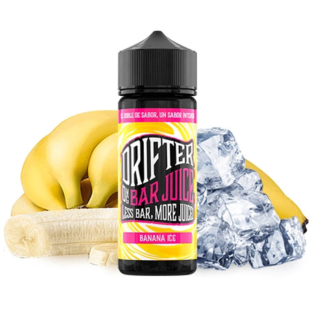 Aroma Drifter Bar Juice Banana Ice 24 ml en formato longfill, botella con etiqueta en tonos amarillos junto a plátano y cubitos de hielo que representan su sabor.