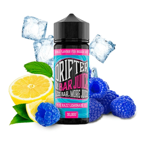 Parfum Drifter Bar Juice Blue Razz Lemonade Ice 24 ml en format longfill, bouteille avec une étiquette bleue accompagnée de framboises bleues, de citron et de glace qui représentent sa saveur.