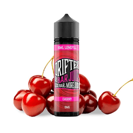 Parfum Drifter Bar Jus Cerise 16 ml au format longfill, bouteille avec une étiquette rouge à côté des cerises qui représentent sa saveur.