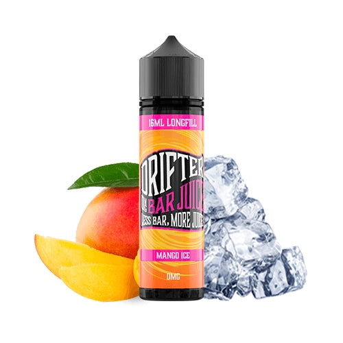 Profumo Drifter Bar Juice Mango Ice da 16 ml in formato longfill, bottiglia con etichetta dai toni tropicali accanto a mango e ghiaccio che ne rappresentano il sapore.