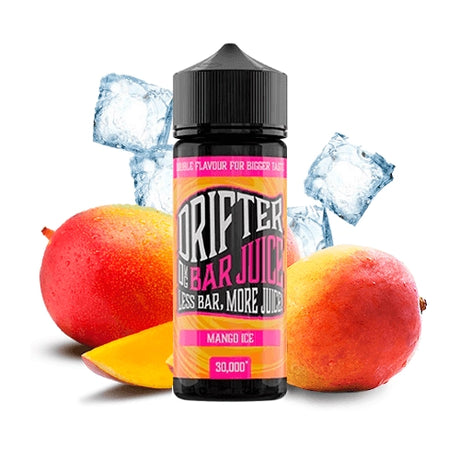 Aroma Drifter Bar Juice Mango Ice 24ml en formato longfill, botella con etiqueta en tonos tropicales junto a mango y hielo que representan su sabor.