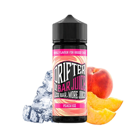 Aroma Drifter Bar Juice Peach Ice 24 ml en formato longfill, botella con etiqueta en tonos melocotón junto a un melocotón y cubitos de hielo que representan su sabor.