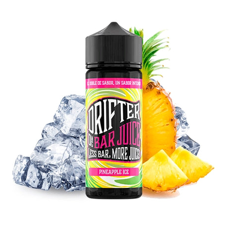 Aroma Drifter Bar Juice Pineapple Ice 24 ml en formato longfill, botella con etiqueta en tonos tropicales junto a piña y hielo que representan su sabor.