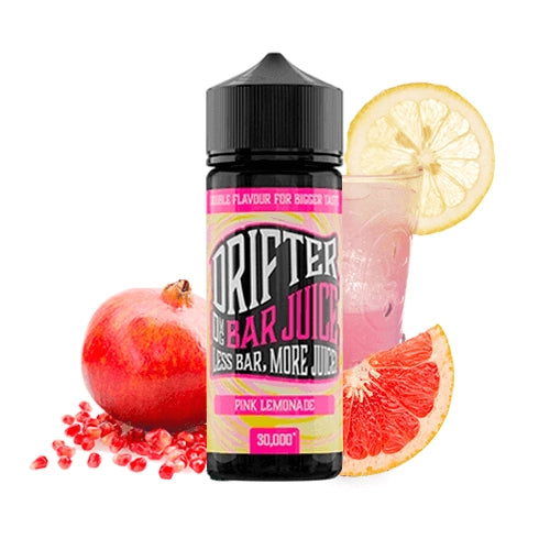 Aroma Drifter Bar Juice Pink Lemonade 24 ml en formato longfill, botella con etiqueta rosa junto a limonada y rodajas de limón que representan su sabor.