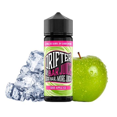 Scent Drifter Bar Juice Sour Apple Ice 24 ml in longfill format, bottle with a green label next to a green apple and ice cubes that represent its flavor.