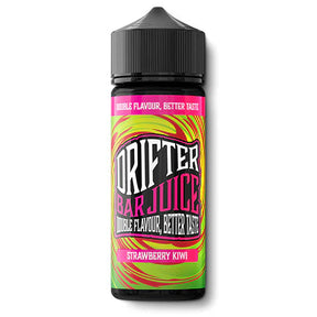 Parfum Drifter Bar Jus Fraise Kiwi 24 ml en format longfill, bouteille avec une étiquette verte à côté des fraises et du kiwi qui représentent sa saveur.
