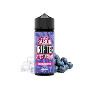 Aroma Drifter Hyper Blueberry Ice 10 ml in formato longfill, bottiglia con etichetta blu accanto a mirtilli e ghiaccio che ne rappresentano il sapore.