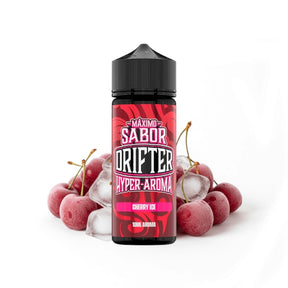 Aroma Drifter Hyper Cherry Ice 10 ml in longfill format, bottle with a red label next to cherries and ice that represent its flavor.