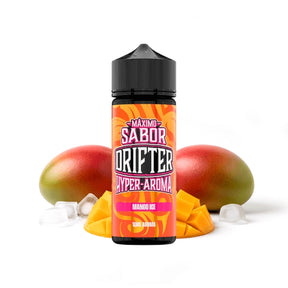 Aroma Drifter Hyper Mango Ice 10 ml in formato longfill, bottiglia con etichetta dai toni tropicali accanto a mango e ghiaccio che ne rappresentano il sapore.
