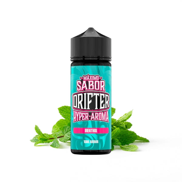 Aroma Drifter Hyper Menthol 10 ml en format longfill, flacon avec une étiquette dans les tons verts à côté de feuilles de menthe qui représentent sa saveur.