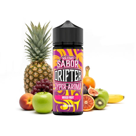 Aroma Drifter Hyper Mixed Fruit 10 ml en format longfill, bouteille avec une étiquette colorée accompagnée d'un mélange de fruits qui représentent sa saveur.