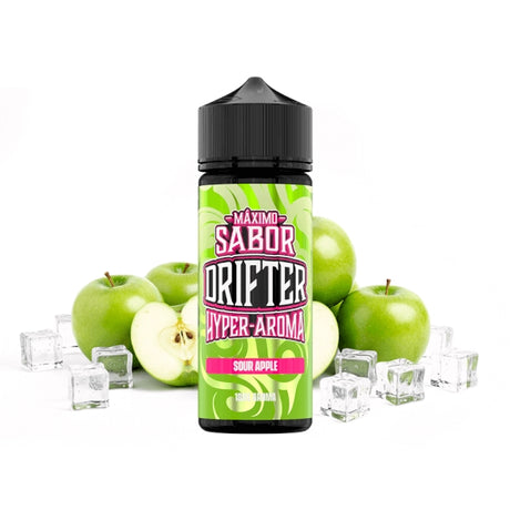 Aroma Drifter Hyper Sour Apple 10 ml en format longfill, flacon avec une étiquette verte à côté d'une pomme verte qui représente sa saveur.