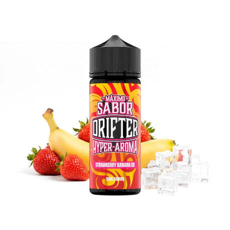 Aroma Drifter Hyper Strawberry Banana 10 ml en formato longfill, botella con etiqueta en tonos frutales junto a fresas y plátano que representan su sabor.