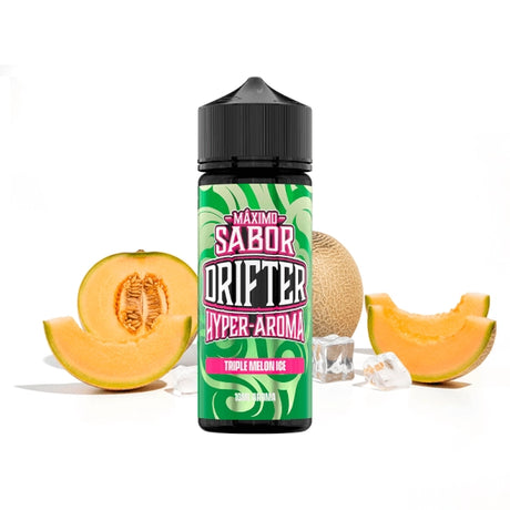 Aroma Drifter Hyper Triple Melon Ice 10 ml en format longfill, bouteille avec une étiquette verte à côté de différents types de melon et de glace qui représentent sa saveur.