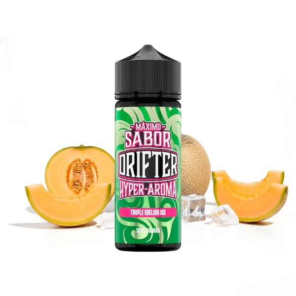 Aroma Drifter Hyper Triple Melon Ice 10 ml in formato longfill, bottiglia con un'etichetta verde accanto a diversi tipi di melone e ghiaccio che ne rappresentano il sapore.