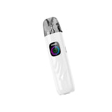 Kit Vaper HellVape Vsee Pod de couleur blanche, au design compact et ergonomique, avec embout transparent sur le dessus et écran avant avec indicateur LED multicolore.