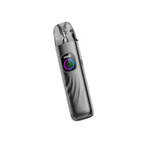 Kit Vaper HellVape Vsee Pod de couleur gris métallisé, au design compact et ergonomique, embout transparent sur le dessus et écran avant avec indicateur LED multicolore.
