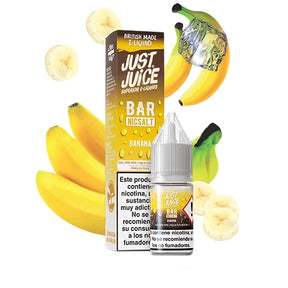 liquido da svapare Just Juice Banana Ice Bar con sali di nicotina, bottiglia accanto alla scatola nei toni del giallo, accompagnata da banana e cubetti di ghiaccio.
