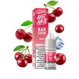 vaping liquid Just Juice Cherry Ice Bar with nicotine salts, bottle next to its box in red tones, accompanied by cherries and ice cubes.